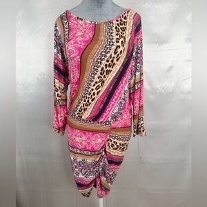 VENUS Pink and Brown Multi Patterned Bodycon Dress  size Large